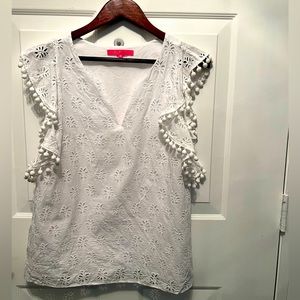 Lily Pulitzer White Eyelet Pom Pom Sleeve Shirt sz M